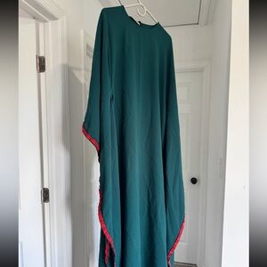 Elegant Green Kaftan Dress with Red Trim